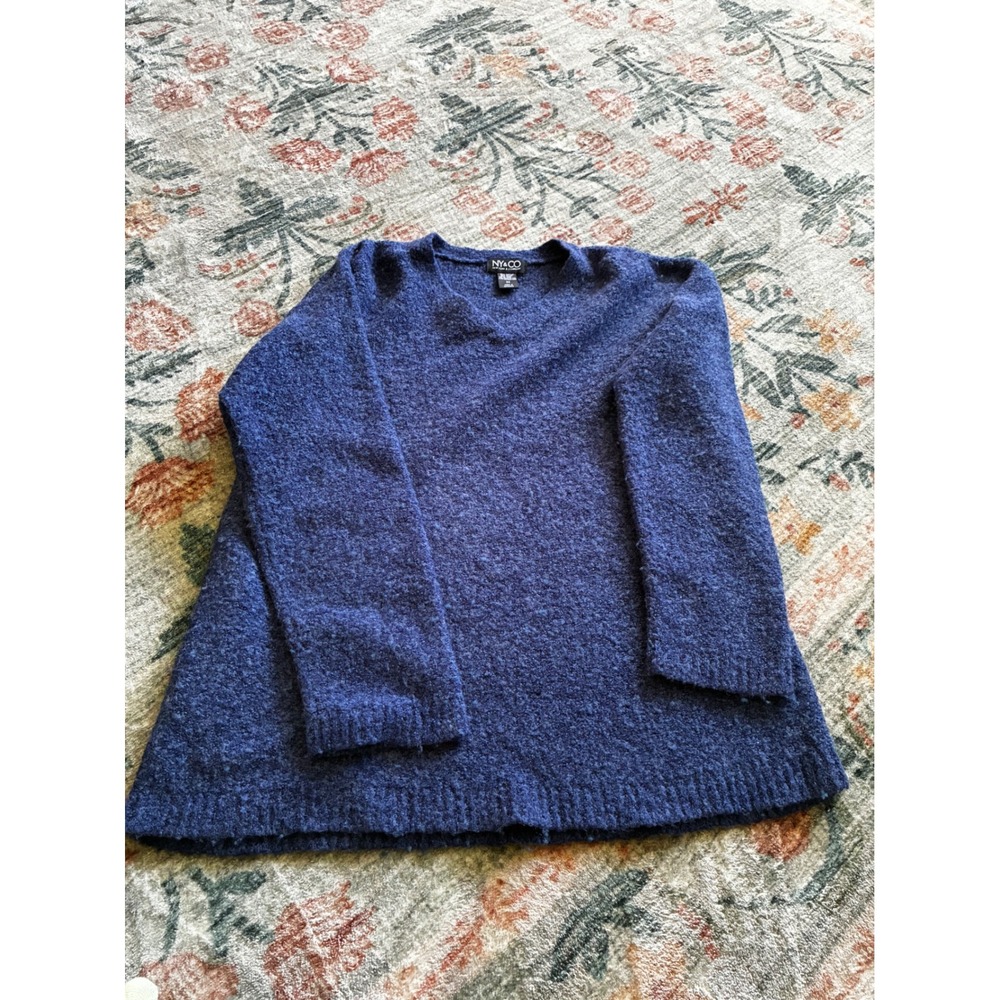 NY&CO New York & Company Blue V-Neck Wool Blend Knit Sweater Womens Medium